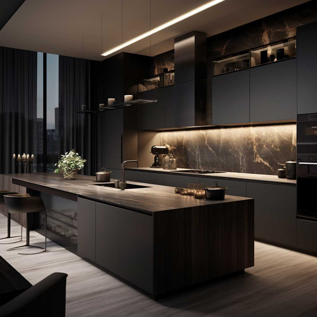 Dark bespoke kitchen with a timber island and backlit marble splashback